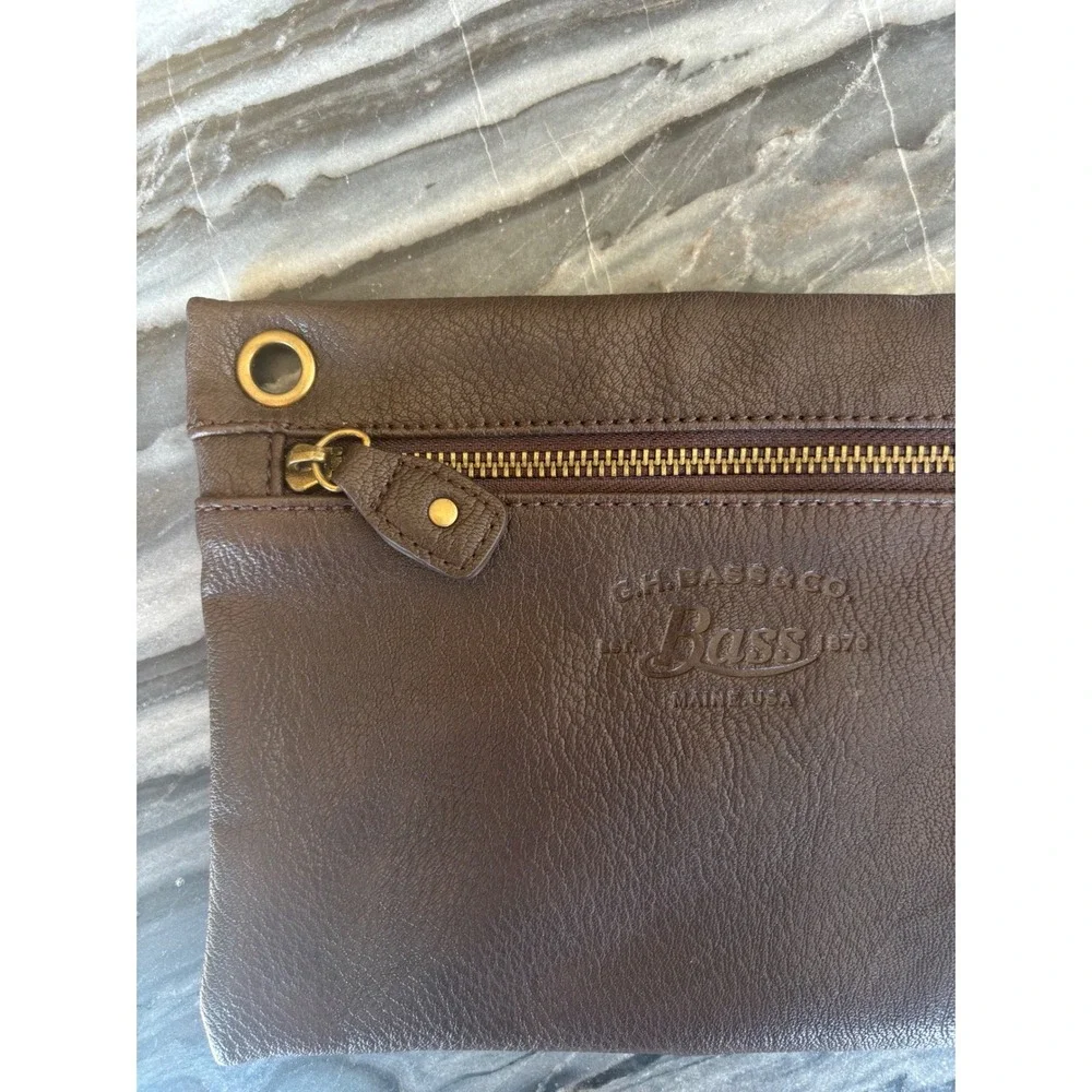 GH Bass & Co Brown‎ Faux Leather Zippered Pouch Organizer Bag Brass Hardware